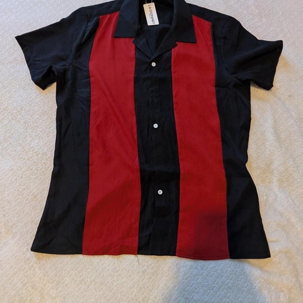 COOFANDY Mens Short Sleeve Button Down Shirt, Red & Black Medium
